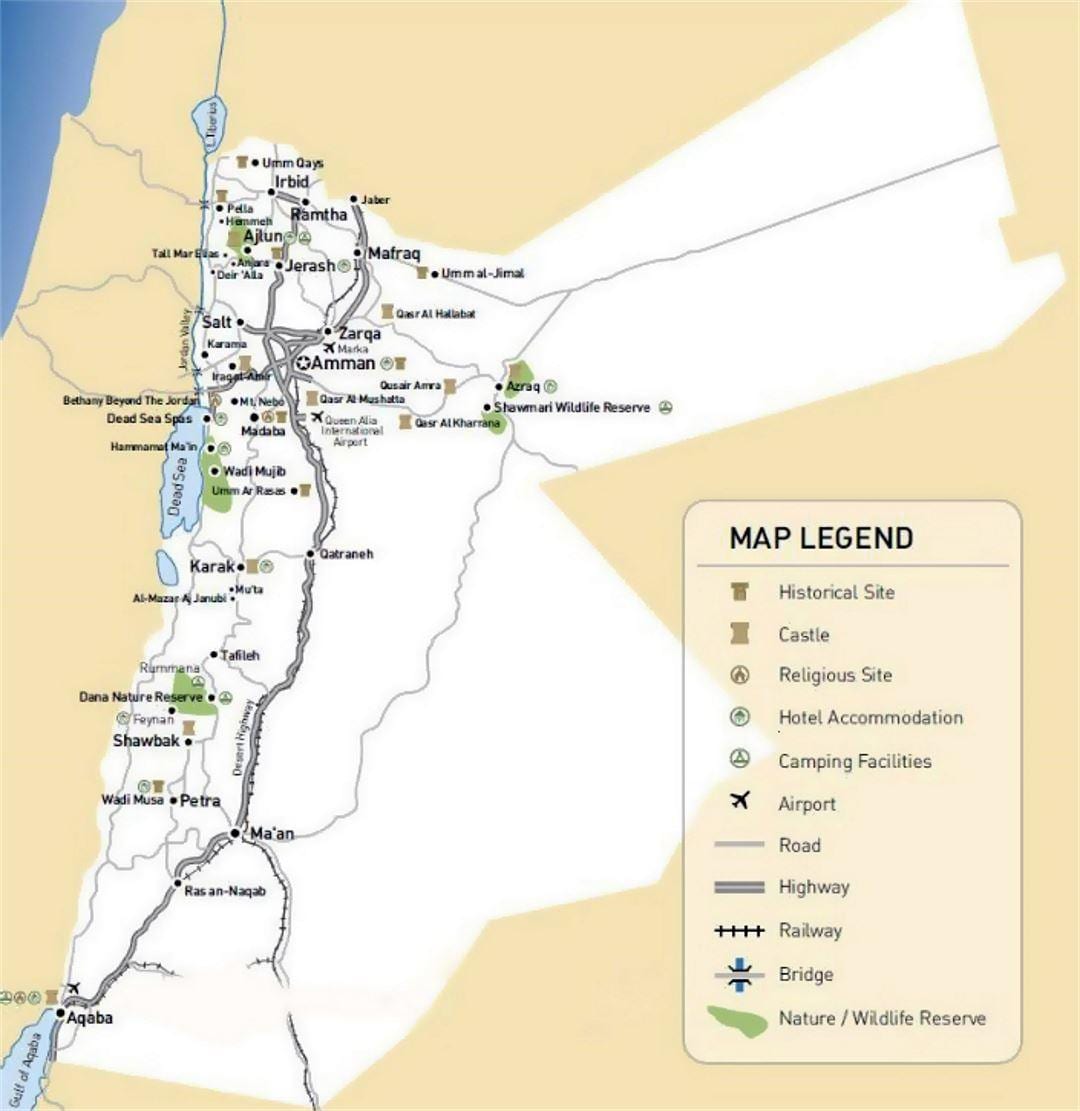 Jordan tërheqjet turistike harta