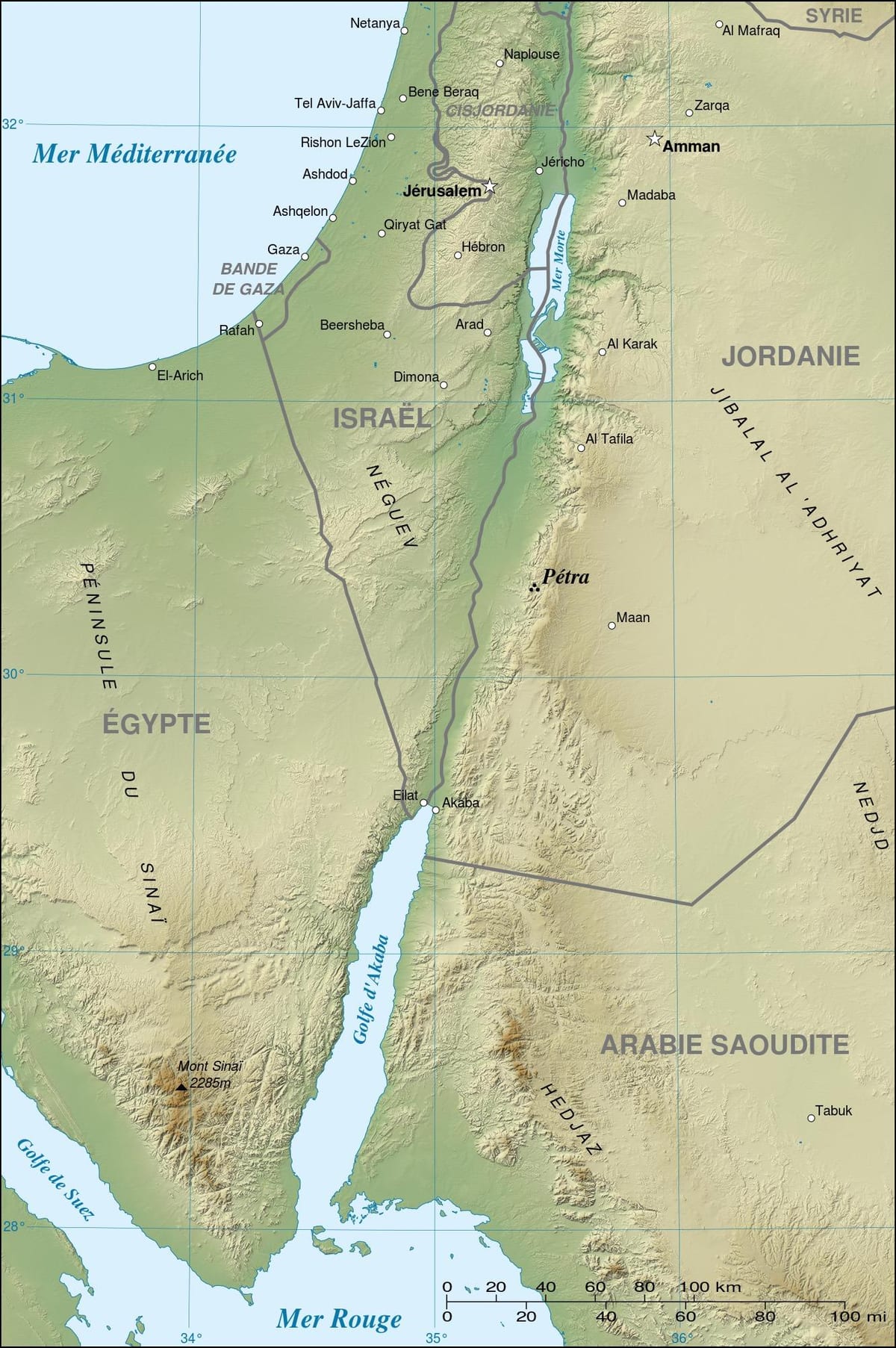 harta e Jordanit, duke treguar petra